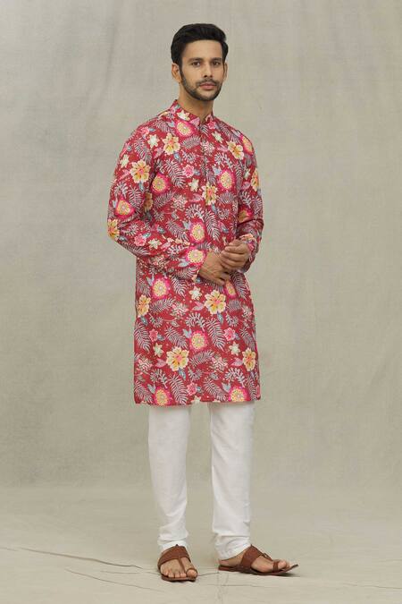 Shop Arihant Rai Sinha Red Cotton, Polyester, Viscose Foil Printing Florette Kurta Set Online at Aza Fashions Shop_Arihant Rai Sinha_Red Cotton, Polyester, Viscose Foil Printing Florette Kurta Set _Online_at_Aza_Fashions