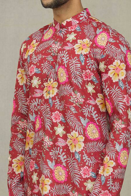 Arihant Rai Sinha Red Cotton, Polyester, Viscose Foil Printing Florette Kurta Set at Aza Fashions Arihant Rai Sinha_Red Cotton, Polyester, Viscose Foil Printing Florette Kurta Set _at_Aza_Fashions