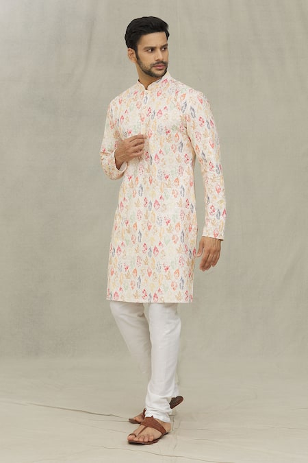 Arihant Rai Sinha White Kurta Cotton Printed Leaf Thread Work Set 