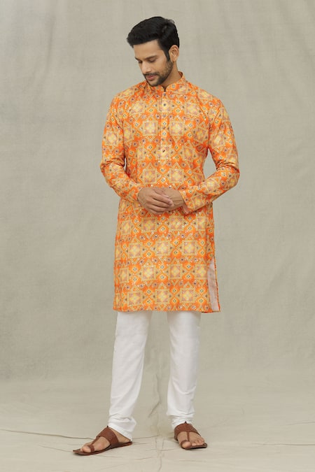 Arihant Rai Sinha Orange Kurta Soft Cotton Printed Bandhej Set