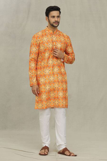 Buy_Arihant Rai Sinha_Orange Cotton, Polyester, Viscose Bandhej Print Kurta Set _Online_at_Aza_Fashions
