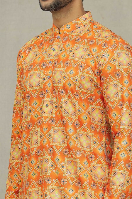 Shop_Arihant Rai Sinha_Orange Cotton, Polyester, Viscose Bandhej Print Kurta Set _Online_at_Aza_Fashions