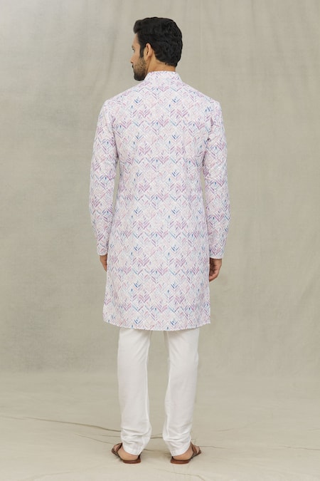 Shop Arihant Rai Sinha White Cotton, Polyester, Viscose Embroidery Leaf Print Kurta Set at Aza Fashions Shop_Arihant Rai Sinha_White Cotton, Polyester, Viscose Embroidery Leaf Print Kurta Set _at_Aza_Fashions