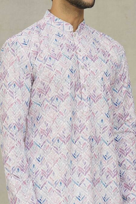 Shop Arihant Rai Sinha White Cotton, Polyester, Viscose Embroidery Leaf Print Kurta Set Online at Aza Fashions Shop_Arihant Rai Sinha_White Cotton, Polyester, Viscose Embroidery Leaf Print Kurta Set _Online_at_Aza_Fashions