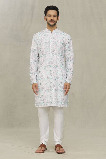 Arihant Rai Sinha_White Cotton, Polyester Embroidery, Sequins Chevron Print Kurta Set _Online_at_Aza_Fashions