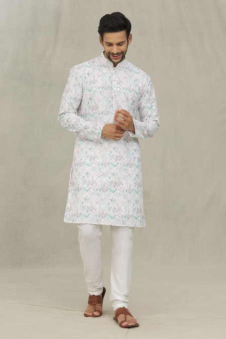 Buy_Arihant Rai Sinha_White Cotton, Polyester Embroidery, Sequins Chevron Print Kurta Set _Online_at_Aza_Fashions