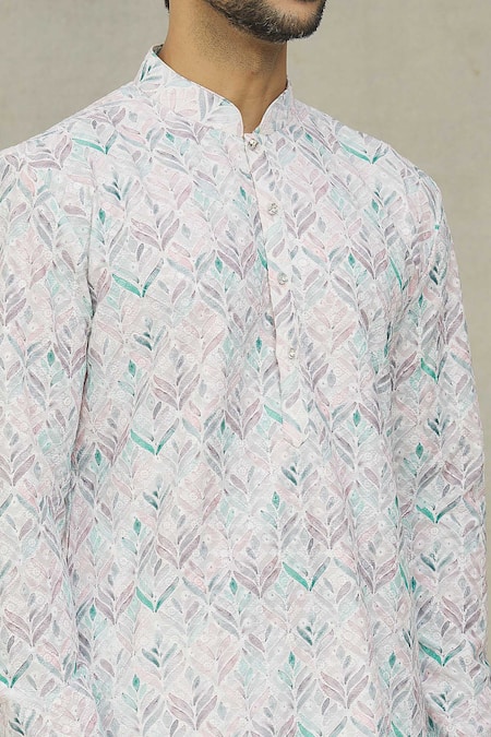 Shop_Arihant Rai Sinha_White Cotton, Polyester Embroidery, Sequins Chevron Print Kurta Set _Online_at_Aza_Fashions