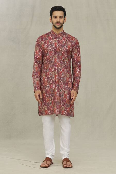 Arihant Rai Sinha_Red Cotton, Polyester, Viscose Miniature Print Kurta Set _Online_at_Aza_Fashions