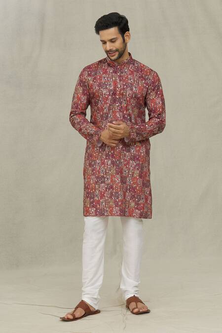 Buy_Arihant Rai Sinha_Red Cotton, Polyester, Viscose Miniature Print Kurta Set _Online_at_Aza_Fashions
