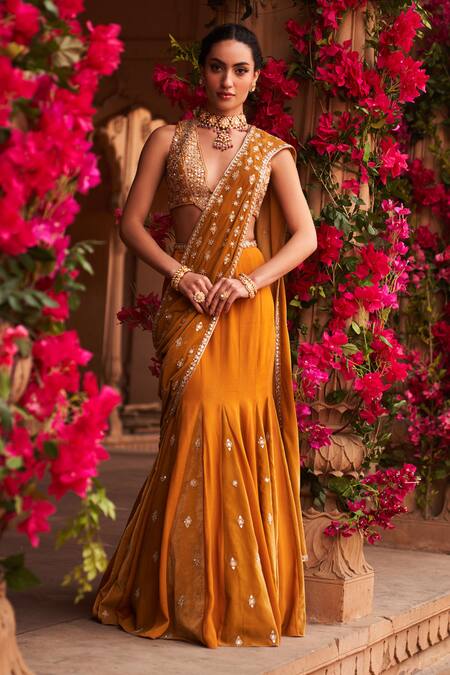 Reeti Arneja_Yellow Velvet Cut Work, Beads Pre-draped Saree With Tribal Embroidered Blouse _at_Aza_Fashions