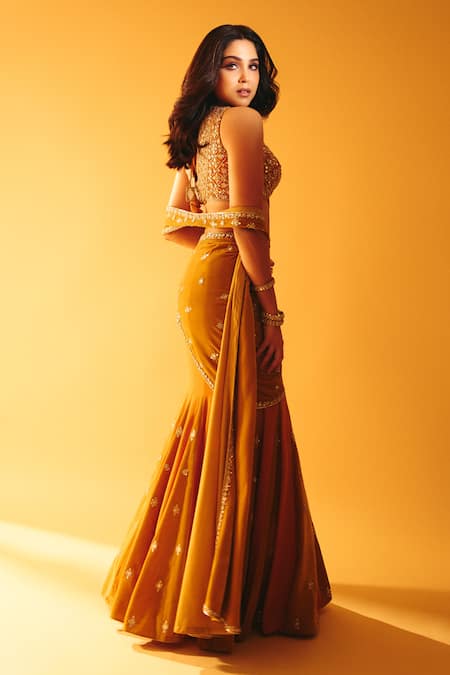 Shop_Reeti Arneja_Yellow Velvet Cut Work, Beads Pre-draped Saree With Tribal Embroidered Blouse 