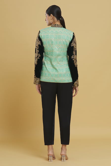 Shop_Vikram Phadnis_Green Net, Velvet Embroidery Mandarin Collar Floral Jacket Top _at_Aza_Fashions