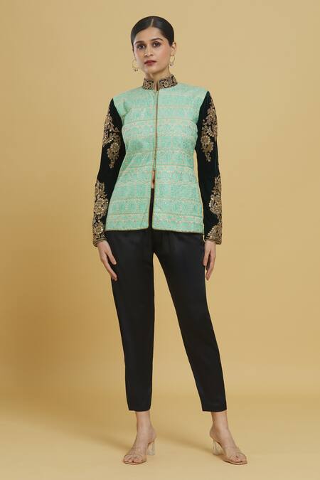 Buy_Vikram Phadnis_Green Net, Velvet Embroidery Mandarin Collar Floral Jacket Top _Online_at_Aza_Fashions
