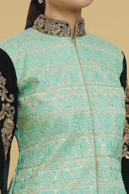 Shop_Vikram Phadnis_Green Net, Velvet Embroidery Mandarin Collar Floral Jacket Top _Online_at_Aza_Fashions