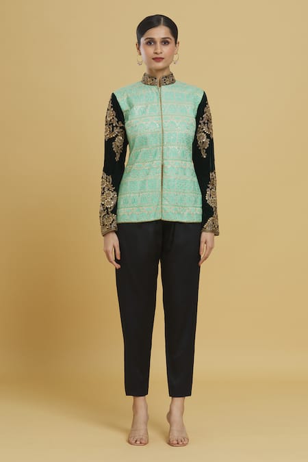 Vikram Phadnis_Green Net, Velvet Embroidery Mandarin Collar Floral Jacket Top _at_Aza_Fashions