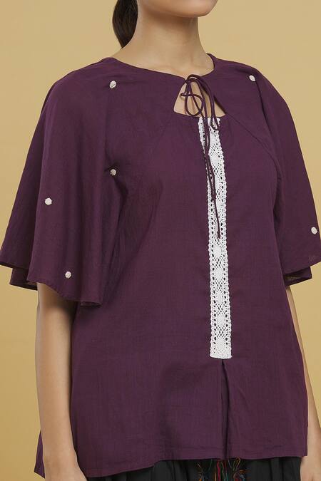 Shop_Chambray & CO._Purple Embroidery Round Neck Hand Applique Polka Dot Cape Top _Online_at_Aza_Fashions