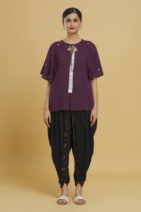 Chambray & CO._Purple Embroidery Round Neck Hand Applique Polka Dot Cape Top _at_Aza_Fashions