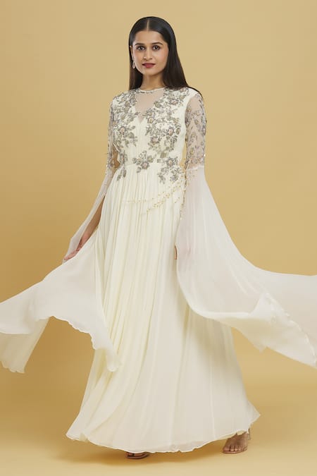 Buy Mani Bhatia White Tassels Round Neck Floral Embroidered Draped Anarkali Online at Aza Fashions Buy_Mani Bhatia_White Tassels Round Neck Floral Embroidered Draped Anarkali_Online_at_Aza_Fashions