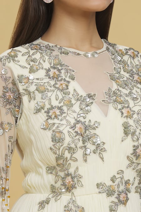 Shop Mani Bhatia White Tassels Round Neck Floral Embroidered Draped Anarkali Online at Aza Fashions Shop_Mani Bhatia_White Tassels Round Neck Floral Embroidered Draped Anarkali_Online_at_Aza_Fashions