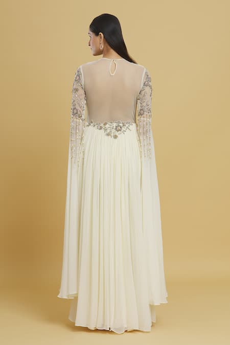 Shop Mani Bhatia White Tassels Round Neck Floral Embroidered Draped Anarkali at Aza Fashions Shop_Mani Bhatia_White Tassels Round Neck Floral Embroidered Draped Anarkali_at_Aza_Fashions