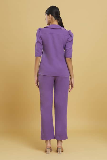 Shop_Zosia_Purple Polyester Lace Collared Pintucked Shirt And Pant Co-ord Set _at_Aza_Fashions