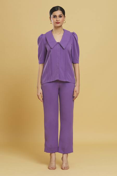 Zosia_Purple Polyester Lace Collared Pintucked Shirt And Pant Co-ord Set _Online_at_Aza_Fashions