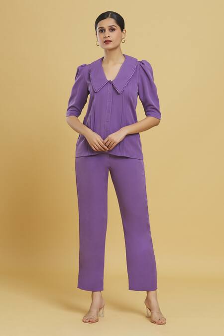 Buy_Zosia_Purple Polyester Lace Collared Pintucked Shirt And Pant Co-ord Set _Online_at_Aza_Fashions