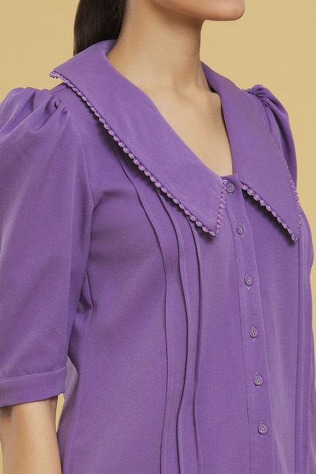 Shop_Zosia_Purple Polyester Lace Collared Pintucked Shirt And Pant Co-ord Set _Online_at_Aza_Fashions