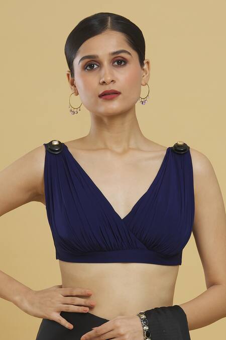 Buy Shivan & Narresh Blue Embellished Stones V Neck Placement Blouse Online at Aza Fashions Buy_Shivan & Narresh_Blue Embellished Stones V Neck Placement Blouse_Online_at_Aza_Fashions