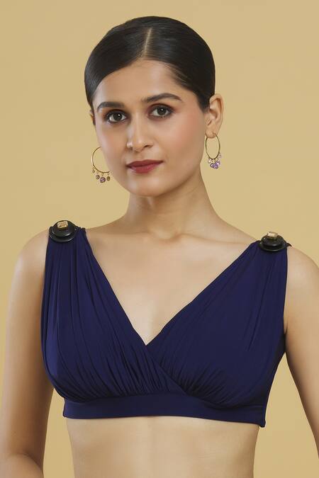 Shop Shivan & Narresh Blue Embellished Stones V Neck Placement Blouse Online at Aza Fashions Shop_Shivan & Narresh_Blue Embellished Stones V Neck Placement Blouse_Online_at_Aza_Fashions