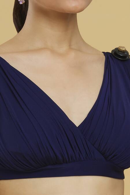 Shivan & Narresh Blue Embellished Stones V Neck Placement Blouse at Aza Fashions Shivan & Narresh_Blue Embellished Stones V Neck Placement Blouse_at_Aza_Fashions