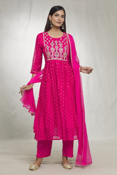 Adara Khan Pink Anarkali Chanderi Silk Embroidered Sequin Round Yoke Pant Set
