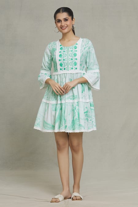 Adara Khan Green Cotton Print Marble Round Wildflora Embroidered Yoke Tiered Tunic