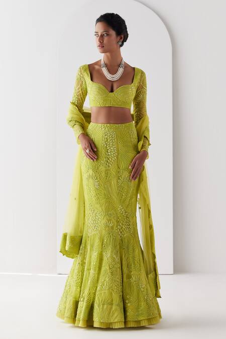 Shop Mishru Green Soft Tulle Embroidery Taisya Metroid Florin Embellished Bridal Lehenga Set Online at Aza Fashions Shop_Mishru_Green Soft Tulle Embroidery Taisya Metroid Florin Embellished Bridal Lehenga Set_Online_at_Aza_Fashions