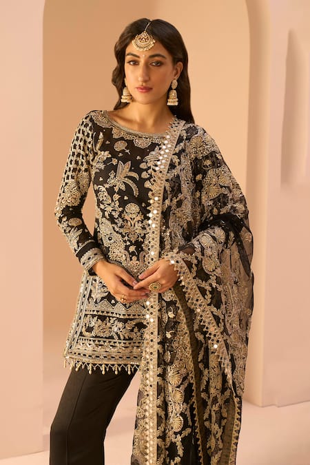 Shop Lashkaraa Black Silk, Net Beads, Embroidery, Sequins, Zari Boat Neck Stone Kurta Set Online at Aza Fashions Shop_Lashkaraa_Black Silk, Net Beads, Embroidery, Sequins, Zari Boat Neck Stone Kurta Set_Online_at_Aza_Fashions