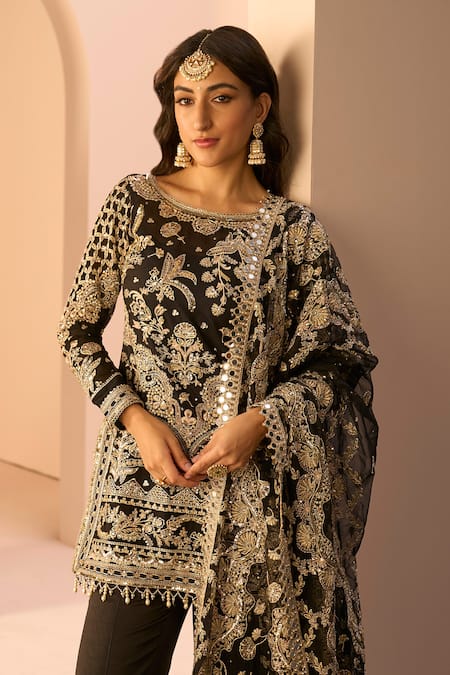 Lashkaraa Black Silk, Net Beads, Embroidery, Sequins, Zari Boat Neck Stone Kurta Set at Aza Fashions Lashkaraa_Black Silk, Net Beads, Embroidery, Sequins, Zari Boat Neck Stone Kurta Set_at_Aza_Fashions