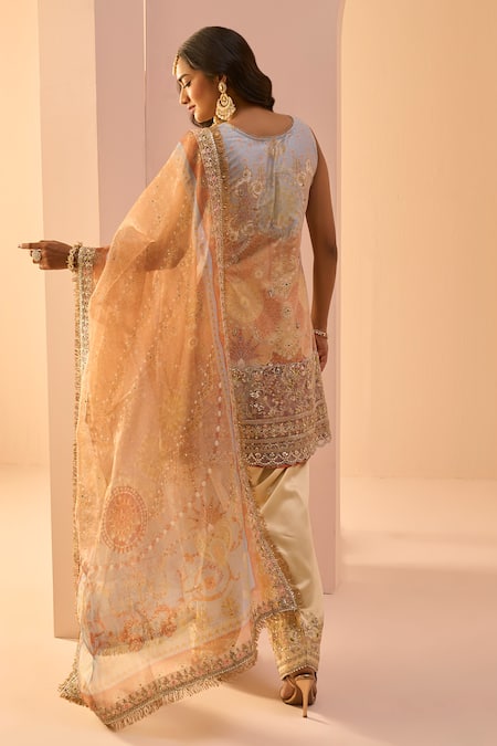 Lashkaraa_Yellow Silk, Net, Linen Sequins, Stones, Zari, Embroidery Floral Print Kurta Set _Online_at_Aza_Fashions