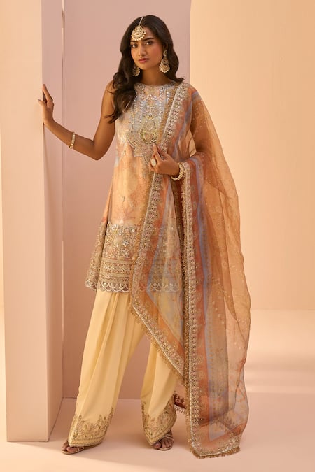 Shop_Lashkaraa_Yellow Silk, Net, Linen Sequins, Stones, Zari, Embroidery Floral Print Kurta Set _Online_at_Aza_Fashions