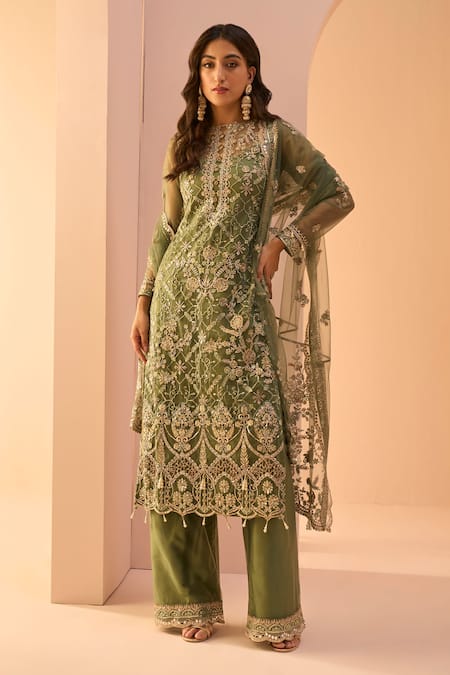 Buy Lashkaraa Green Net, Silk Embroidery, Beads, Sequins Round Neck Mughal Kurta Set Online at Aza Fashions Buy_Lashkaraa_Green Net, Silk Embroidery, Beads, Sequins Round Neck Mughal Kurta Set _Online_at_Aza_Fashions