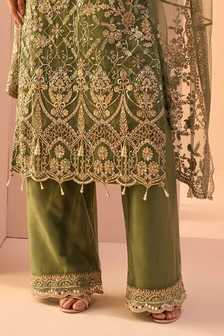 Shop Lashkaraa Green Net, Silk Embroidery, Beads, Sequins Round Neck Mughal Kurta Set Online at Aza Fashions Shop_Lashkaraa_Green Net, Silk Embroidery, Beads, Sequins Round Neck Mughal Kurta Set _Online_at_Aza_Fashions