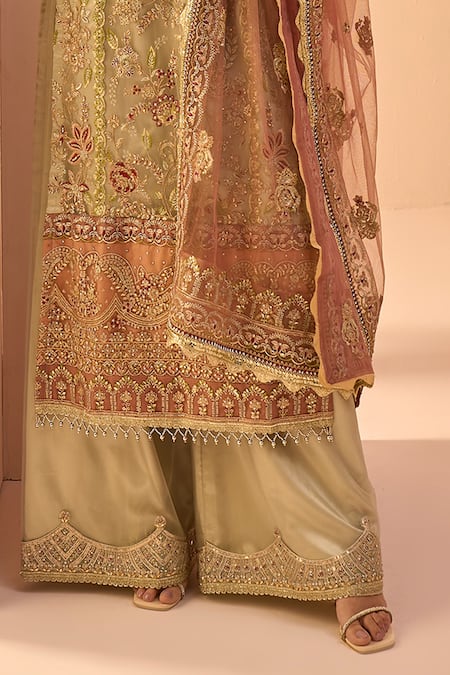 Buy_Lashkaraa_Green Net, Satin Beads, Embroidery, Sequins, Zari Floral Kurta Palazzo Set _Online_at_Aza_Fashions