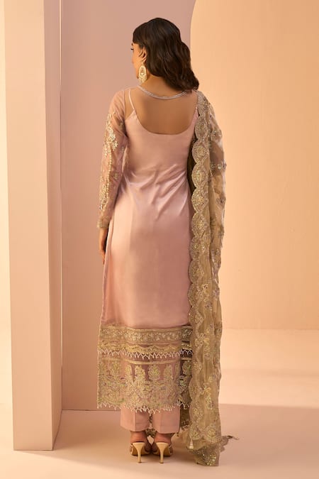 Shop Lashkaraa Pink Net, Satin Beads, Sequins, Zari Round Neck Embroidered Kurta Pant Set at Aza Fashions Shop_Lashkaraa_Pink Net, Satin Beads, Sequins, Zari Round Neck Embroidered Kurta Pant Set _at_Aza_Fashions