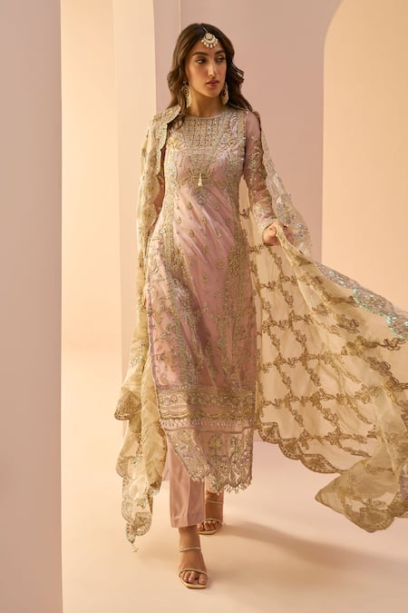 Lashkaraa Pink Net, Satin Beads, Sequins, Zari Round Neck Embroidered Kurta Pant Set Online at Aza Fashions Lashkaraa_Pink Net, Satin Beads, Sequins, Zari Round Neck Embroidered Kurta Pant Set _Online_at_Aza_Fashions