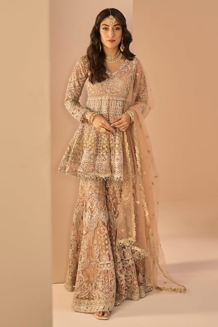 Buy_Lashkaraa_Peach Net, Linen Beads, Sequins, Zari Thread Embroidered Kurta Gharara Set _Online_at_Aza_Fashions