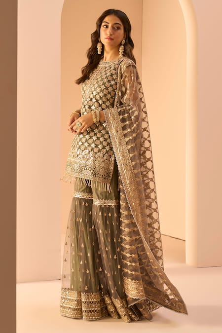 Lashkaraa_Gray Net, Linen Beads, Embroidery Round Neck Dark Grey Checkered Kurta Set_Online_at_Aza_Fashions