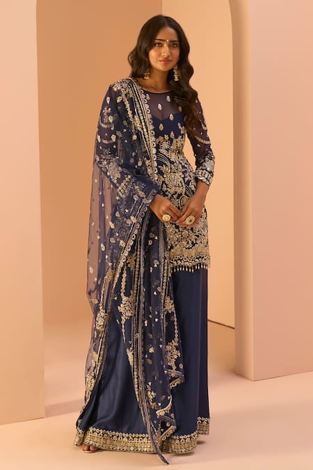 Lashkaraa Blue Sequin Embroidered Kurta Sharara Set 