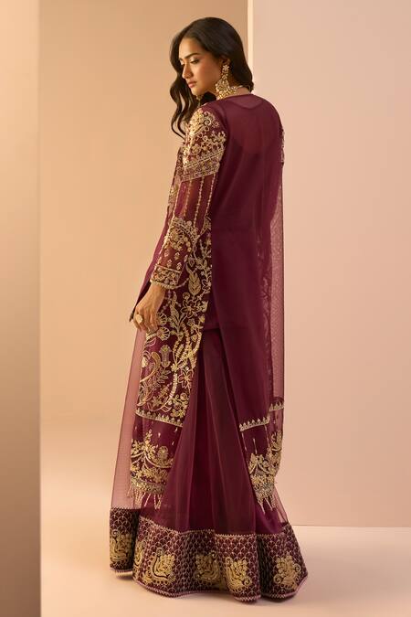 Shop Lashkaraa Wine Net, Satin Sequins, Stones, Zari Open Floral Embroidered Jacket Sharara Set at Aza Fashions Shop_Lashkaraa_Wine Net, Satin Sequins, Stones, Zari Open Floral Embroidered Jacket Sharara Set_at_Aza_Fashions