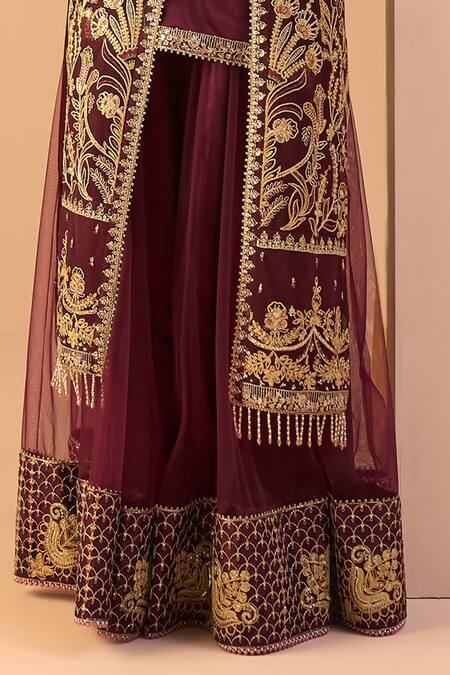 Lashkaraa Wine Net, Satin Sequins, Stones, Zari Open Floral Embroidered Jacket Sharara Set Online at Aza Fashions Lashkaraa_Wine Net, Satin Sequins, Stones, Zari Open Floral Embroidered Jacket Sharara Set_Online_at_Aza_Fashions