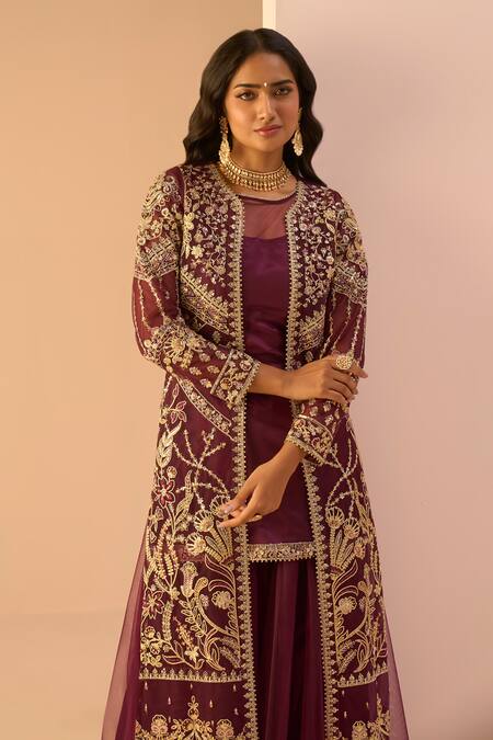 Buy Lashkaraa Wine Net, Satin Sequins, Stones, Zari Open Floral Embroidered Jacket Sharara Set Online at Aza Fashions Buy_Lashkaraa_Wine Net, Satin Sequins, Stones, Zari Open Floral Embroidered Jacket Sharara Set_Online_at_Aza_Fashions