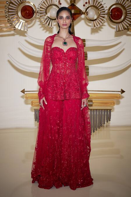 Buy_Seema Gujral_Red Net Sequins, Beads Sweetheart Neck 3d Embroidered Tunic Sharara Set _Online_at_Aza_Fashions
